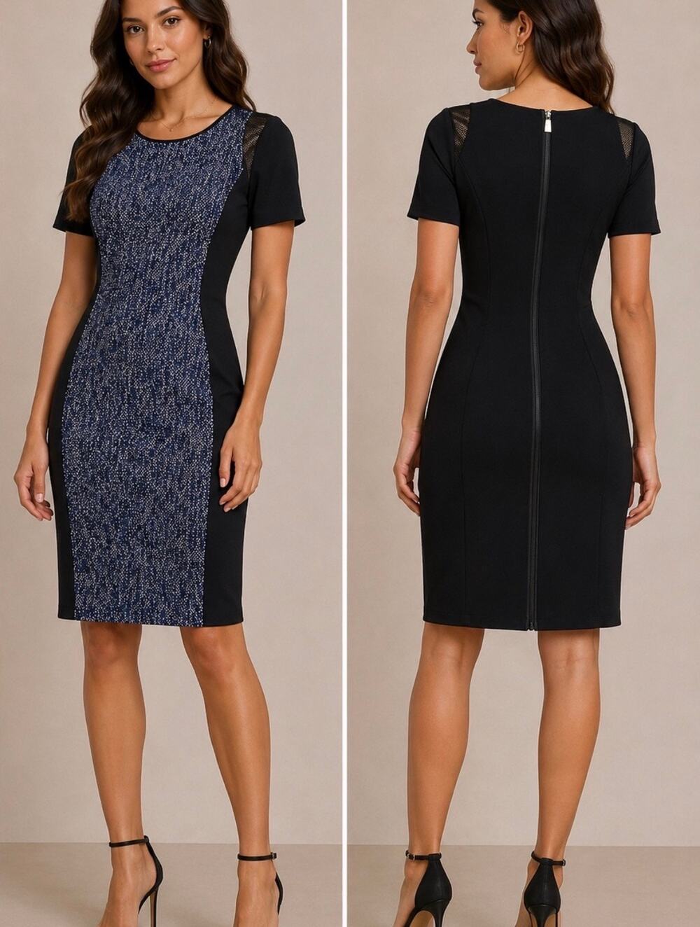 Elie Tahari Black Navy Blue Tweed Panel Dress Mesh Shoulder Women's 12